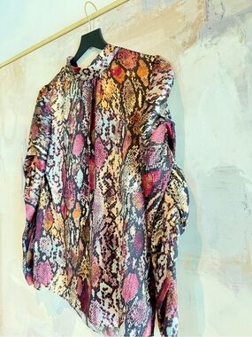 Rebecca Taylor Pink Multi Snake-Print High Neck Blouse